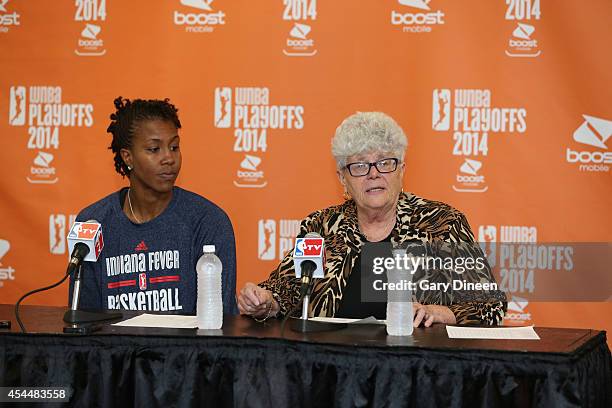 Indiana Fever Head Coach Lin Dunn and Tamika Catchings speak with the media during a press conference following game two of the WNBA Eastern...