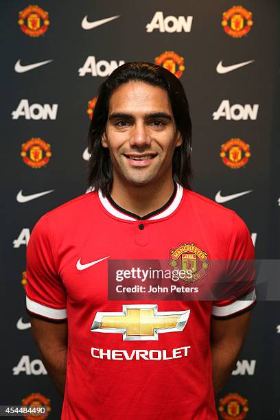 Radamel Falcao of Manchester United poses after signing for the club on loan on September 1, 2014 in Manchester, England.