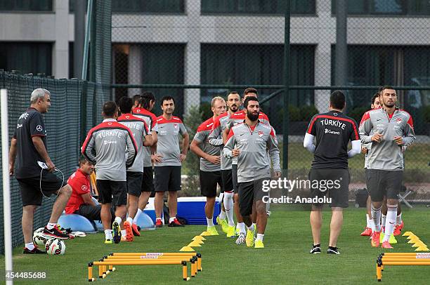 Arda Turan of Turkey exercises during a training session ahead of a friendly game against Denmark in Istanbul, Turkey on September 1, 2014. Turkey...