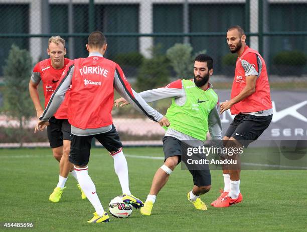 Arda Turan of Turkey exercises during a training session ahead of a friendly game against Denmark in Istanbul, Turkey on September 1, 2014. Turkey...