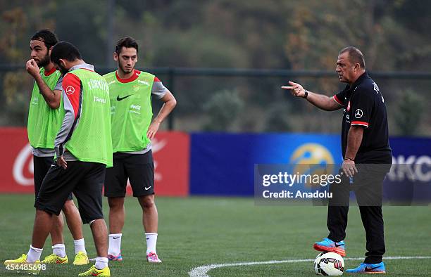 Turkey's head coach Fatih Terim leads a training session ahead of a friendly game against Denmark in Istanbul, Turkey on September 1, 2014. Turkey...