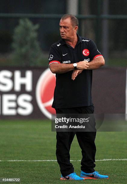Turkey's head coach Fatih Terim leads a training session ahead of a friendly game against Denmark in Istanbul, Turkey on September 1, 2014. Turkey...