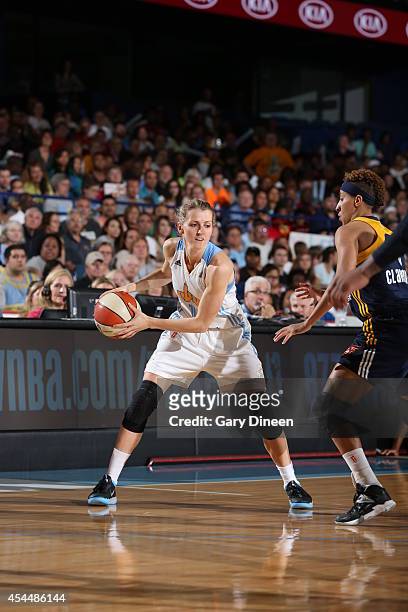 Allie Quigley of the Chicago Sky handles the ball against the Indiana Fever during game two of the WNBA Eastern Conference Finals as part of the 2014...