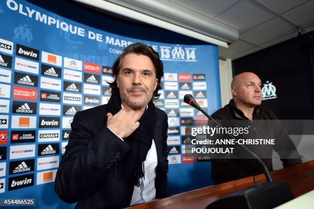 Marseille's president Vincent Labrune holds a joint press conference with sporting director and interim coach Jose Anigo at the Commanderie in...