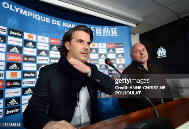 Marseille's president Vincent Labrune holds a joint press conference with sporting director and interim coach Jose Anigo at the Commanderie in...