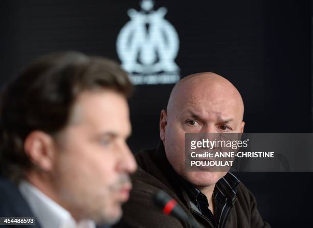 Marseille's sporting director and interim coach Jose Anigo holds a joint press conference with the club's president at the Commanderie in Marseille...