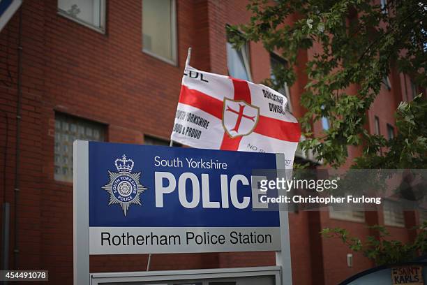 Members of the EDL hold a demonstration calling for the resignation of South Yorkshire Police and Crime Commissioner Shaun Wright outside the police...