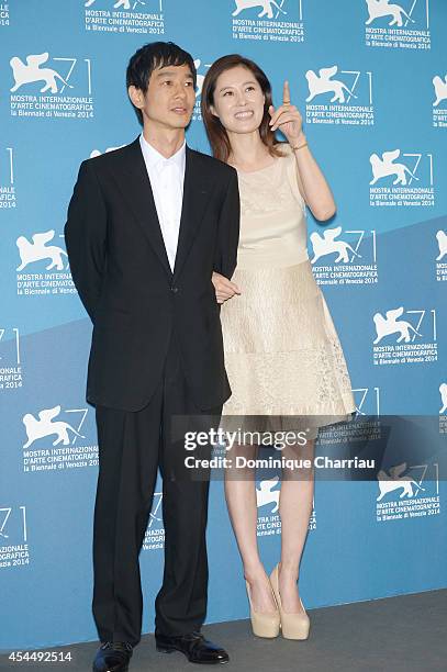 Actor Ryo Kase and actress Moon Sori attend the 'Hill Of Freedom' photocall during the 71st Venice Film Festival on September 2, 2014 in Venice,...