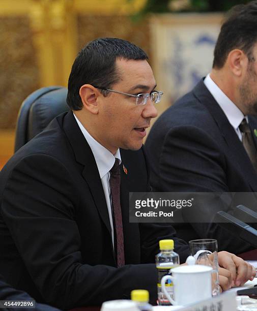Romanian Prime Minister Victor Ponta attends a meeting with Chinese President Xi Jinping at the Great Hall of the People on September 1, 2014 in...
