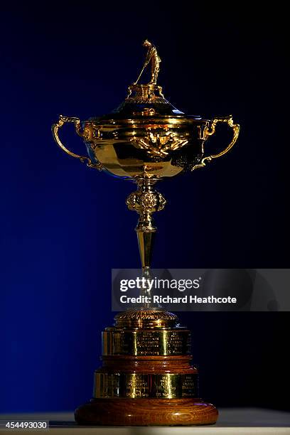 General view of the Ryder Cup trophy before European Ryder Cup captain Paul McGinley's press conference to announce his three captain's picks at...