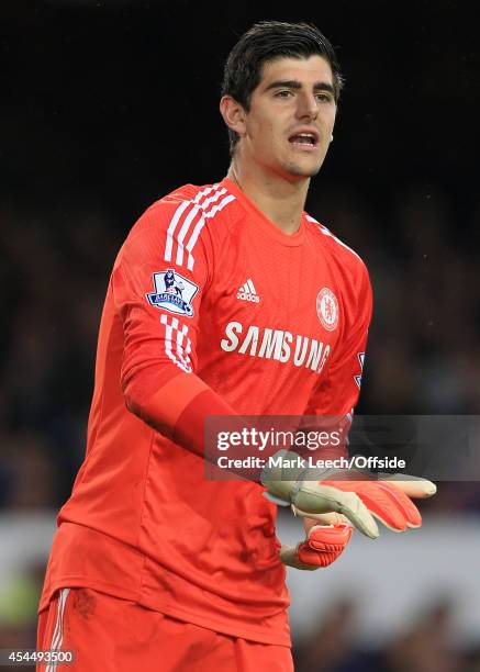 Chelsea goalkeeper Thibaut Courtois issues instructions during the Barclays Premier League match between Everton and Chelsea at Goodison Park on...