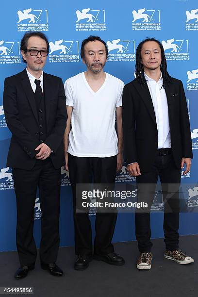 Actor Lily Franky, director Shinya Tsukamoto and actor Tatsuya Nakamura attends the 'Fires On The Plain' Photocall during the 71st Venice Film...