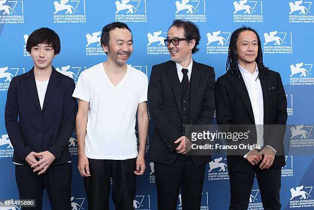 Actor Yusaku Mori, Director Shinya Tsukamoto, Actor Lily Franky and Actor Tatsuya Nakamura attends the 'Fires On The Plain' Photocall during the 71st...