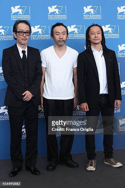 Actor Lily Franky, director Shinya Tsukamoto and Tatsuya Nakamura attend the 'Fires On The Plain' Photocall during the 71st Venice Film Festival on...
