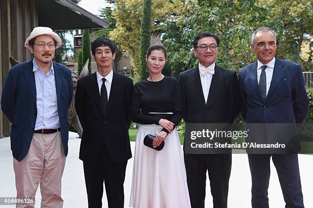 Director Hong Sangsoo, actors Ryo Kase, Moon Sori, Kim Euisung and director of the Venice Film Festival Alberto Barbera attend the 'Hill Of Freedom'...