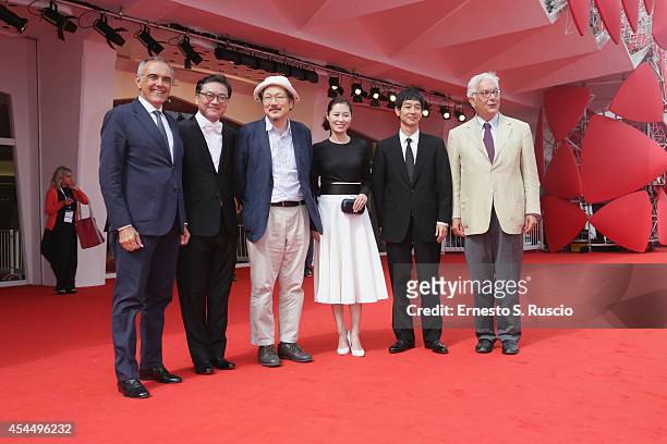 Director of the Venice Film Festival Alberto Barbera, actor Kim Euisung, director Hong Sangsoo, actors Moon Sori, Ryo Kase and President of the...