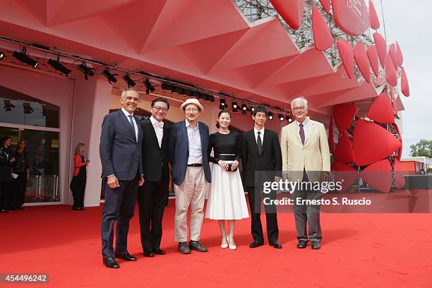 Director of the Venice Film Festival Alberto Barbera, actor Kim Euisung, director Hong Sangsoo, actors Moon Sori, Ryo Kase and President of the...