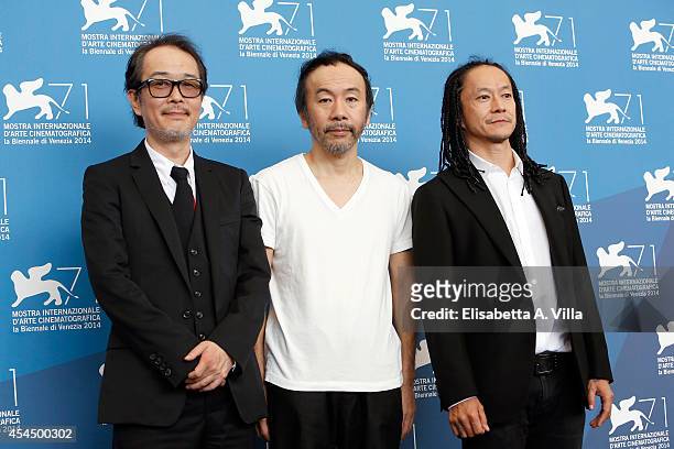 From left, actor Lily Franky, director Shinya Tsukamoto and actor Tatsuya Nakamura attend 'Fires On The Plain' photocall during the 71st Venice Film...