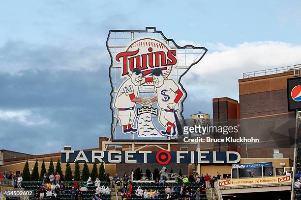 The Target Field sign stands in front of a water tower with the News  Photo - Getty Images