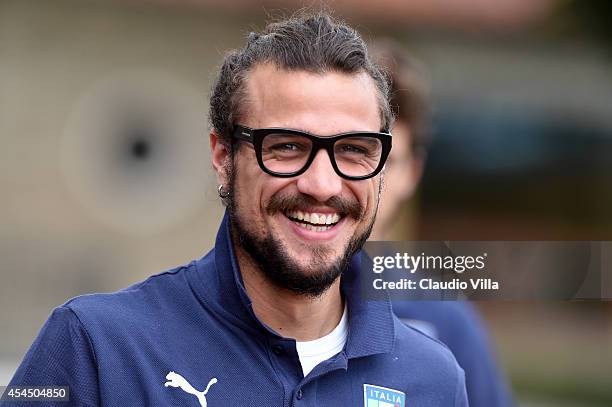 Pablo Daniel Osvaldo smiles prior to the Italy Training Session at Coverciano on September 2, 2014 in Florence, Italy.