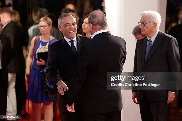 Director of the Venice Film Festival Alberto Barbera greets Roy Andersson at the 'A Pigeon Sat On A Branch Reflecting On Existence' - Premiere during...