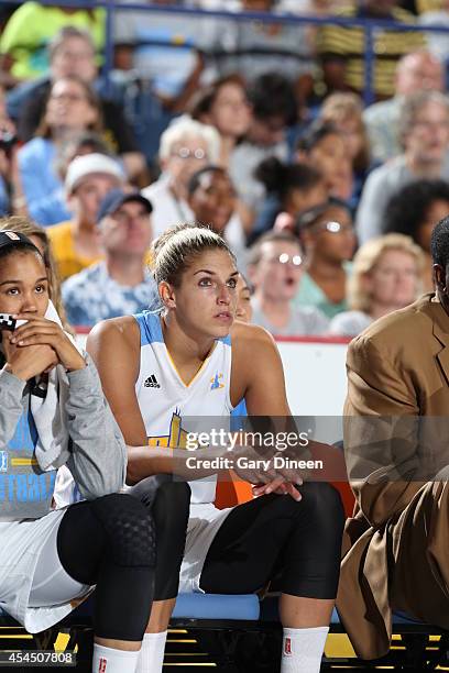 Elena Delle Donne of the Chicago Sky on the sideline against the Indiana Fever during game two of the WNBA Eastern Conference Finals as part of the...