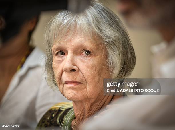 Cuban singer-songwriter Marta Valdez attends a press conference along with Cuban composer and guitar player Leo Brouwer , in Havana on September 2,...