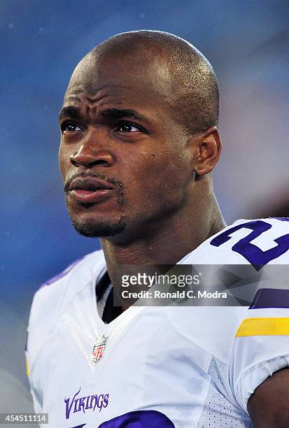 Running back Adrian Peterson of the Minnesota Vikings looks on during a preseason game against the Tennessee Titans at LP Field on August 28, 2014 in...