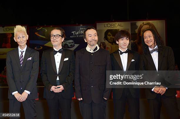 Composer Chu Ishikawa, actor Lily Franky, director Shinya Tsukamoto and actors Yusaku Mori,Tatsuya Nakamura attend the 'Fires On The Plain' premiere...