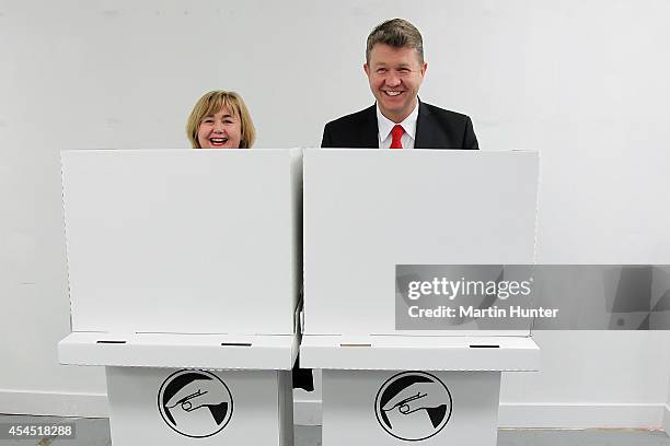 Labour Party leader David Cunliffe with Labour MP Megan Woods casts an early vote at a polling station on September 3, 2014 in Christchurch, New...