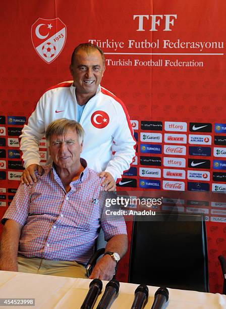 Turkey's head coach Fatih Terim attends a press conference with Sepp Piontek after the team's training session ahead of friendly game against Denmark...
