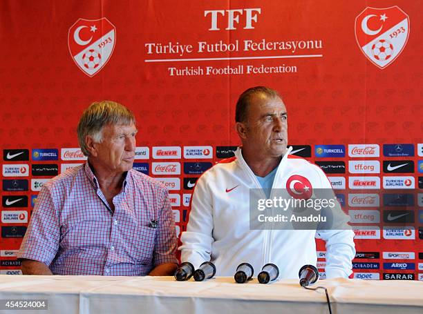 Turkey's head coach Fatih Terim attends a press conference with Sepp Piontek after the team's training session ahead of friendly game against Denmark...