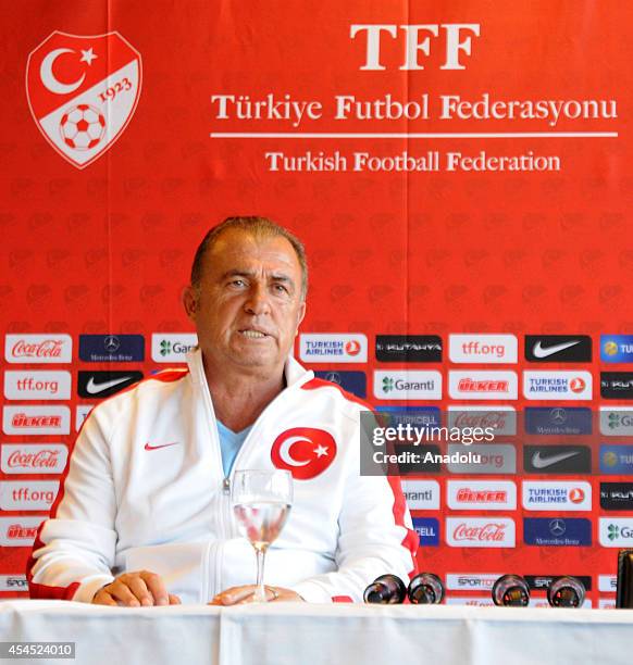 Turkey's head coach Fatih Terim speaks during a press conference after the team's training session ahead of friendly game against Denmark at TREFOR...