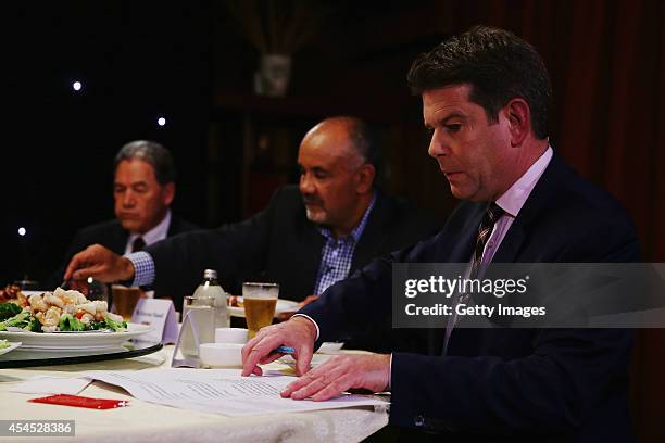 Broadcaster John Campbell directs the MMP Party Leaders at a Dinner with the Deciders on September 3, 2014 in Auckland, New Zealand. The New Zealand...