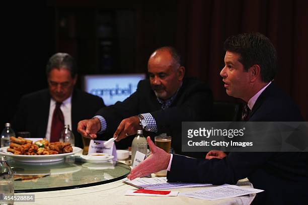 Broadcaster John Campbell directs the MMP Party Leaders at a Dinner with the Deciders on September 3, 2014 in Auckland, New Zealand. The New Zealand...