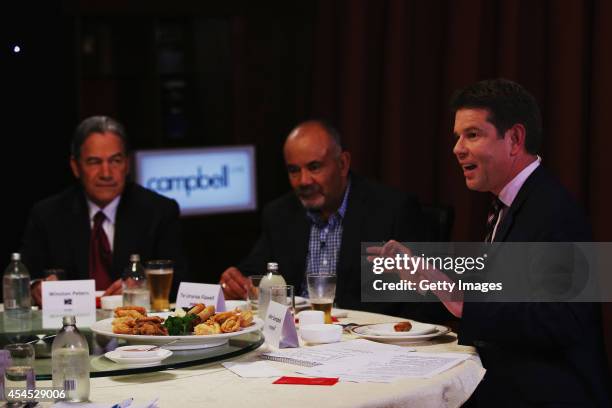 Broadcaster John Campbell directs the MMP Party Leaders at a Dinner with the Deciders on September 3, 2014 in Auckland, New Zealand. The New Zealand...