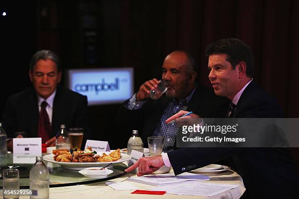 Broadcaster John Campbell directs the MMP Party Leaders at a Dinner with the Deciders on September 3, 2014 in Auckland, New Zealand. The New Zealand...