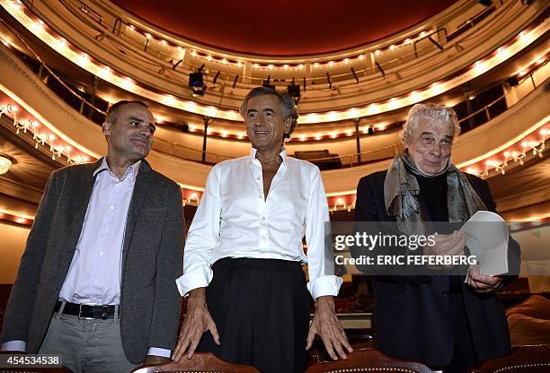 French writer and philosopher Bernard Henri-Levy who wrote the play "Hotel Europe" poses with French actor Jacques Weber and Bosnian theatre director...