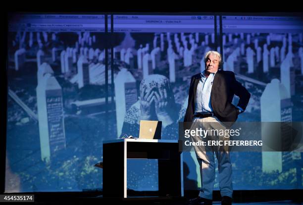 French actor Jacques Weber performs during a rehearsal of the play "Hotel Europe" written by French writer and philosopher Bernard Henri-Levy and...
