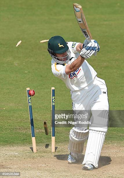 Chris Read of Nottinghamshire is bowled out by John Hastings of Durham during the LV County Championship match between Durham and Nottinghamshire at...