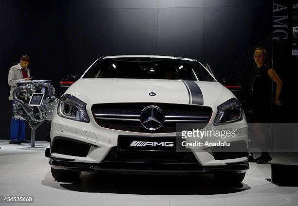 Mercedes-Benz AMG A 45 model car is on exhibition at the Moscow International Automobile Salon as the local and foreign brands introduce their newly...