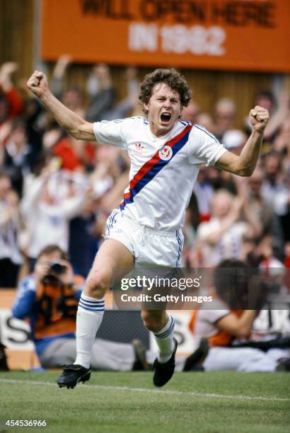 Crystal Palace striker Clive Allen celebrates a goal during a First Division match circa 1980.