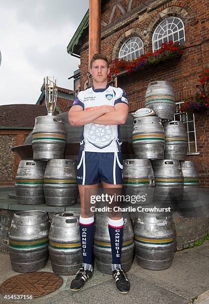 Richard Beck of Yorkshire Carnegie poses for a photo during the 2014/15 Greene King IPA Championship Captains photocall at Greene King IPA brewery on...