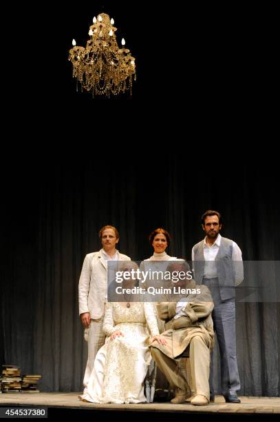 Spanish actors Juan Diaz, Mamen Camacho, Alberto Iglesias and Vicky Pena and Mario Gas pose for a photo shoot after the dress rehearsal of Eugene...