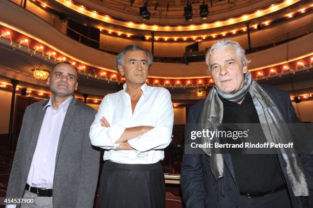 Writer of the play Bernard-Henri Levy, stage director Dino Mustafic and actor Jacques Weber pose after the 'Hotel Europe' : Theater play run-through...