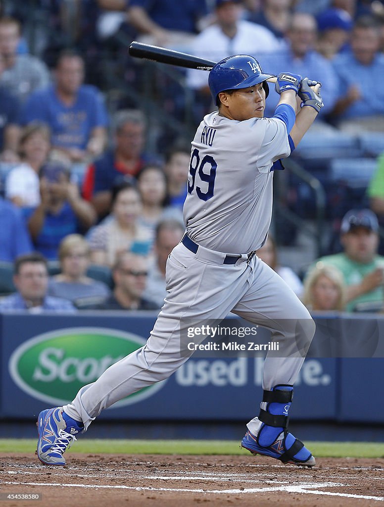 Atlanta Ryu Pitcher Hyun-Jin Ryu of the Los Angeles Dodgers swings during the ...