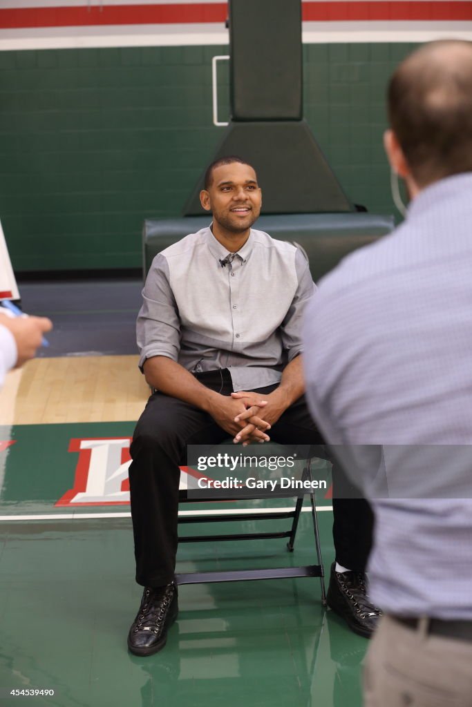 Jared Dudley of the Milwaukee Bucks meets with the Media