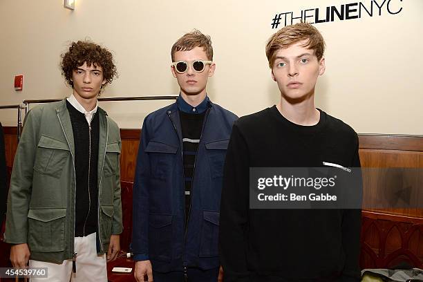 Models pose backstage at Timo Weiland Men's during Mercedes-Benz Fashion Week Spring 2015 at The Highline Hotel on September 3, 2014 in New York City.