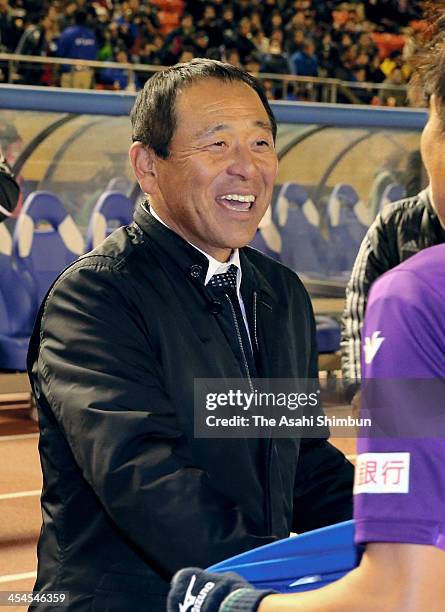 Tokushima Voltis head coach Shinji Kobayashi celebrates the promotion to the J.League top division after the J.League Play-Off final match between...