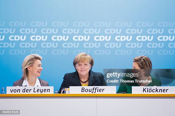 German Labor Minister Ursula von der Leyen, German Chancellor Angela Merkel, and Julia Kloeckner head of CDU in the German State of...